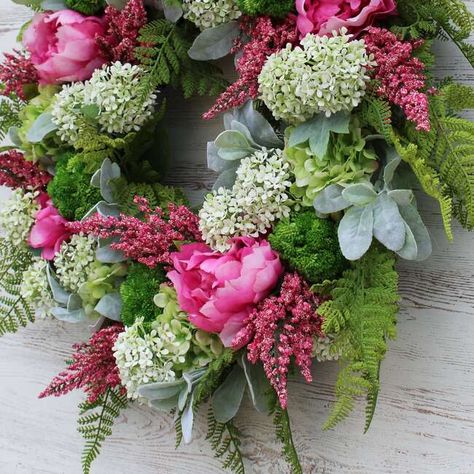 Pink Peony and Green Hydrangea Wreath - Darby Creek Trading Valentine's Day | Maisonette Hydrangea Snowball, Green Hydrangea Wreath, Large Wreaths, Silk Wreaths, Lamb's Ear, Easter Spring Wreath, Summer Front Door Wreath, Silk Florals, Door Wreaths Diy