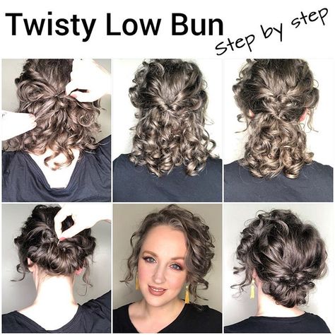 Easy twisted low bun in just a few steps. Step by step updo. Curly updo. Easy updo. Updo tutorial. Updo naturally curly hair Easy Updos For Curly Hair, Curly Hair Step By Step, Curly Hair Updo Tutorial, Updos For Curly Hair, Medium Curly Hair, Hair Step By Step, Healthy Curly Hair, Curly Hair Up, Medium Curly