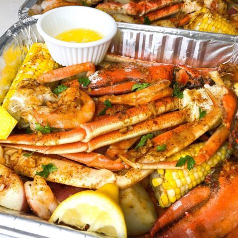 Easy Seafood Bake - There's Food at Home Crab Boil Oven Recipe, Baked Crab Boil Recipe, Seafood Boil Sheet Pan, Baked Fish And Shrimp Recipes, Oven Crab Boil, Crab Boil In Oven, Seafood Boil In Oven, Best Seafood Boil Recipes, Shrimp Boil In Oven