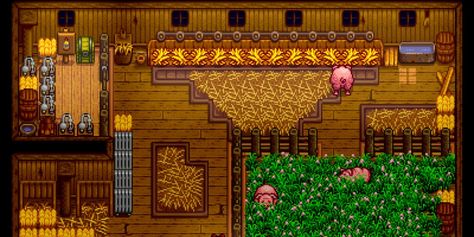 Stardew Valley Barn Interior, Barn Stardew Valley, Stardew Barn Layout, Stardew Valley Fruit Bat Cave, Stardew Valley Barn Layout, Stardew Valley Decoration Ideas, Stardew Ideas, Stardew Farm, Cow Barn