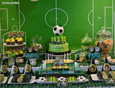 Amazing dessert table and backdrop at a soccer birthday party!  See more party planning ideas at CatchMyParty.com! Soccer Party Food, Soccer Party Decorations, Soccer Theme Parties, Soccer Birthday Party, Soccer Cake, Soccer Birthday Parties, Soccer Theme, Football Birthday Party, Soccer Birthday