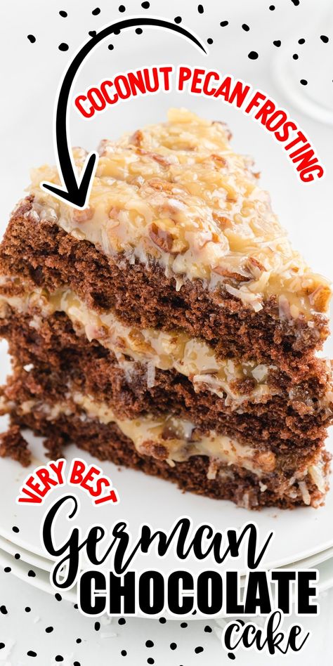 Deliciously rich and chocolatey, German Chocolate Cake is slathered in a layer of gooey coconut pecan frosting. The moist chocolate cake and decadent coconut frosting combine to create an irresistible dessert. Bakers German Chocolate Cake, German Chocolate Icing, German Chocolate Cake Frosting, German Chocolate Cake Recipe, Pecan Frosting, Coconut Pecan Frosting, Dessert Cakes, Cake Frosting Recipe, Coconut Frosting