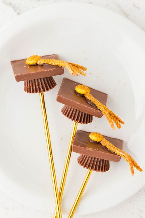 Candy Graduation Caps are lollipop graduation caps made with candy. This no-bake graduation dessert is easy to make and really cute. Plus, they pair perfectly with any graduation charcuterie board. Celebrate your grad of any age with these easy and delicious Rolo or Reeses graduation caps. Graduation Cap Candy Ideas, Candy Graduation Caps, Graduation Cap Desserts, Graduation Cap Treats, Graduation Candy Ideas, Graduation Rice Krispie Treats, Graduation Cap Candy, Graduation Charcuterie, Candy Necklaces For Graduation