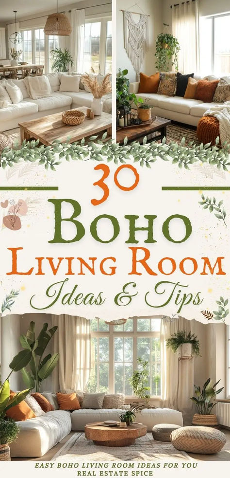 says 30 boho living room ideas and tips with 3 images of boho living rooms with sofas poufs coffee tables plants ceiling lights below says easy boho living room ideas for you Hobo Living Room, Bohiem Living Room, Earthy Cozy Living Room, How To Make A Home Feel Cozy, Boho Traditional Living Room, Small Boho Living Room Ideas, Boho Chic Decor Living Room, Vintage Boho Living Room, Chic Boho Living Room