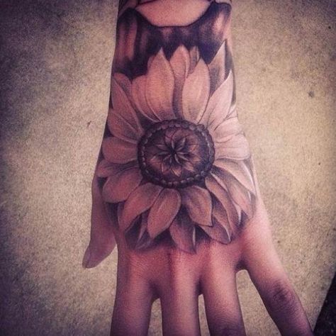 Sunflower Tattoo On Hand, Sunflower Hand Tattoo, Hand Tattoo Ideas, Taurus Constellation Tattoo, Tattoo On Hand, Autumn Tattoo, Pretty Hand Tattoos, Skeleton Hand Tattoo, Hand Tattoos For Women