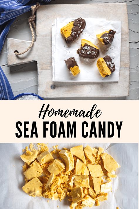 An easy recipe for homemade sea foam candy: chewy, crunchy, airy, caramel-like honeycomb pieces dipped in chocolate and topped with sea salt flakes. #VioletCrumble #HoneycombCandy #SeaFoamCandy #CardamomAndCoconut Sea Foam Candy, Homemade Honeycomb, Foam Candy, Honeycomb Recipe, Candy Homemade, Dark Chocolate Cheesecake, Honeycomb Candy, Toffee Candy, Amigurumi For Beginners