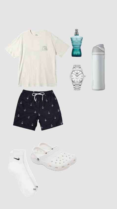 quiksilver cream creme shirt swimshorts shorts anchor black nike socks white crocs john paul gaultier watch owala Crocs Ootd For Men, Men’s White Crocs Outfit, Cheap White Athletic Shorts For Men, Nike White Streetwear Shorts, White Crocs Outfit, Men’s White Shorts Outfit, John Paul Gaultier, Black Nike Socks, White Crocs