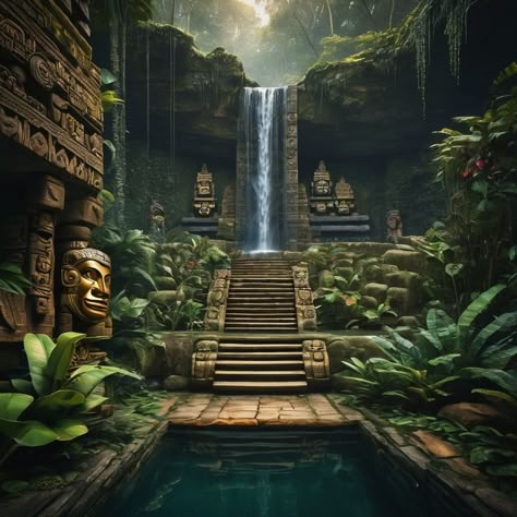 Jungle House Concept Art, Jungle City Fantasy Art, Fantasy Jungle City, Rainforest City Fantasy Art, Fantasy Jungle Temple, Amazon Forest, Colombian Art, Planet Coaster, Black Comics