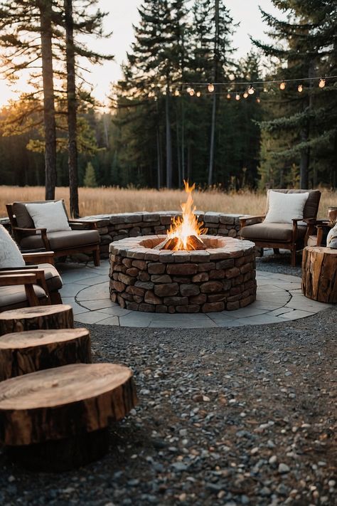 Fire Pit Mountain House, Campfire Pits Backyard, Large Fire Pit Area, Elevated Fire Pit, Outdoor Fire Pit Patio Ideas, Stone Fire Pit Ideas Backyard, Large Fire Pit Ideas Backyard, Bon Fire Pit Ideas, Lake House Fire Pit