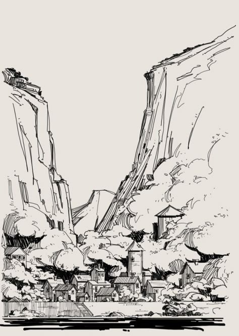 Environment Sketch, Nature Art Drawings, Daily Sketch, Pen Art Drawings, Landscape Sketch, Pen Drawings, Architecture Drawing Art, White Drawing, Mountain Village