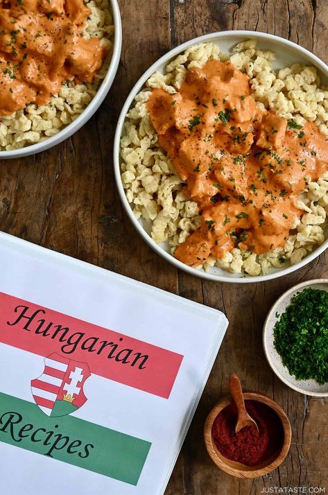 Hungarian Chicken Paprikash - Just a Taste Chicken Paprikash Hungarian Slow Cooker, Authentic Chicken Paprikash, Paprikash Hungarian, Hungarian Paprika Chicken, Green Apple Salad, Hungarian Chicken Paprikash, Hungarian Paprika, Chicken Paprikash, Paprika Sauce