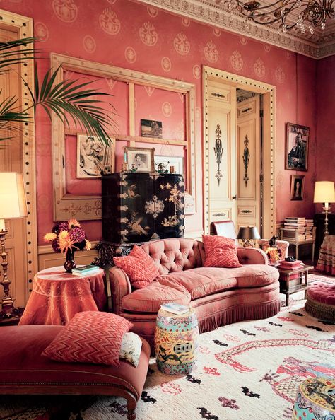 Inside Dries Van Noten: In the Red Salon, the original 1920s Franck paneling is hung with custom Lyonnaise silk. Romantic Interior Design, Feminine Room, Rooms Decoration, Neoclassical House, Romantic Interior, Romantic Room, Maximalist Decor, Design Del Prodotto, Maximalism