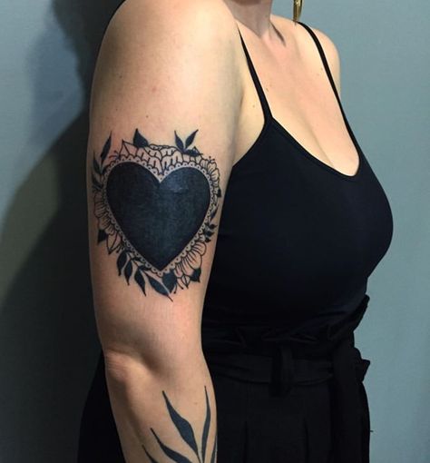 black heart tattoo Black Out Heart Tattoo, Heart With Vines Tattoo, Blacked Out Heart Tattoo, Traditional Black Heart Tattoo, Ornate Heart Tattoo, American Traditional Heart Tattoo Black, Solid Black Heart Tattoo, Cute Cover Up Tattoos, Heart Tattoo Cover Up