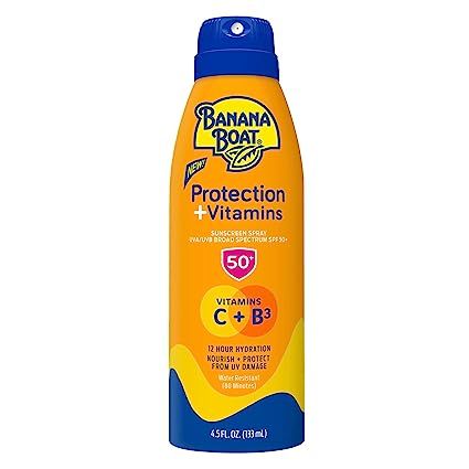 Banana Boat Protection + Vitamins Sunscreen Spray SPF 50 | Moisturizing Sunscreen with Vitamin C & Niacinamide | Banana Boat Spray Sunscreen, Vitamin B3 & Vitamin C Sunscreen, 4.5 oz. $9.74 w/coupon!! Price subject t0 change at any time Commissi0ns earned Banana Boat Sunscreen, Spf Moisturizer, Moisturizing Sunscreen, Spray Sunscreen, Sunscreen Spray, Tanning Sunscreen, Natural Collagen, Banana Boat, Kids Sunscreen