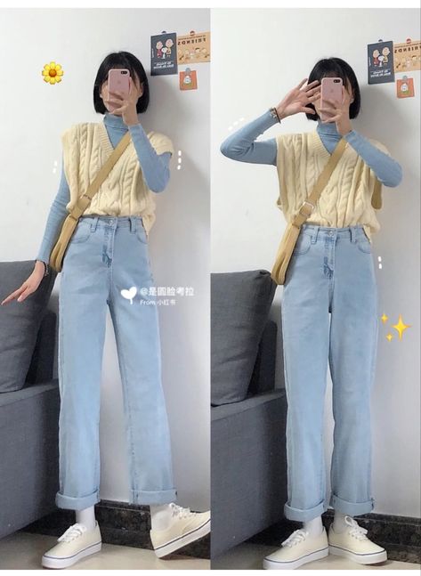 Colorful Korean Outfits, Pastel Color Outfit Ideas, Korean Pastel Outfits, Pastel Capsule Wardrobe, Pink Blue Outfit, Colorful Korean Fashion, Korean Outfit Street Styles, Outfit Korean, Korean Casual Outfits