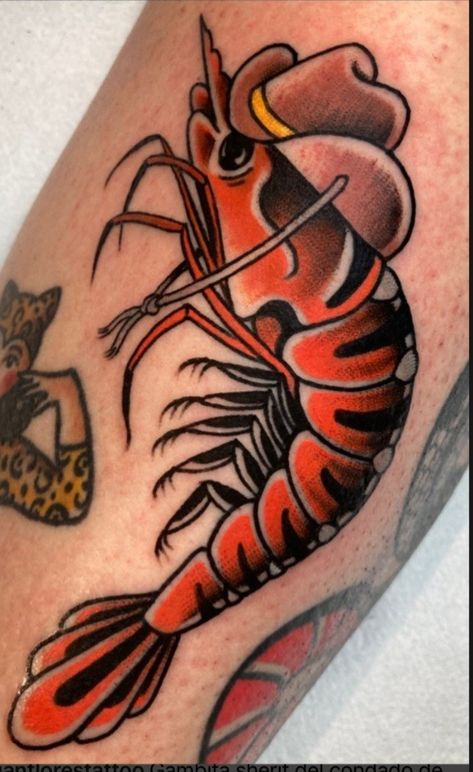 Long Traditional Tattoo Design, Manly American Traditional Tattoos, American Traditional Unique Tattoo, Traditional Tattoo Art Leg Sleeve, Traditional Style Sleeve Tattoo, Shrimp With Cowboy Hat Tattoo, Traditional Funny Tattoo, Traditional Crawfish Tattoo, Neotraditional Crab Tattoo