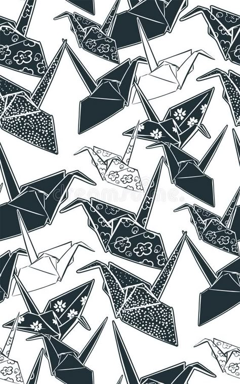 Paper cranes origami seamless pattern japanese chinese oriental vector ink style design elements illustration. Paper cranes origami seamless pattern japanese royalty free illustration Origami Drawing Illustrations, Japanese Elements Design, Paper Crane Illustration, Paper Crane Aesthetic, Japanese Origami Aesthetic, Paper Crane Art, Origami Wallpaper, Origami Drawing, Origami Illustration