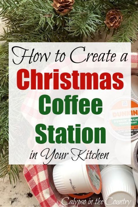 Christmas coffee bar decorating ideas for the kitchen countertop. Simple ways to create a coffee station for holiday entertaining. Welcome holiday guests with a cup of coffee from your home coffee station. Includes Christmas decorating ideas, coffee themed shopping ideas for gifts or yourself, ideas for coffee station essentials and a few coffee recipe ideas. See all the Christmas coffee station ideas on the blog! Stocking A Coffee Bar, Coffee Bar Christmas Ideas, Christmas Drink Station Ideas, Christmas Decor Ideas For Cafe Shop, Christmas Coffee Station Ideas, Coffee Bar Ideas For Christmas, Xmas Coffee Bar Ideas, Christmas Coffee Corner, Winter Coffee Bar Ideas