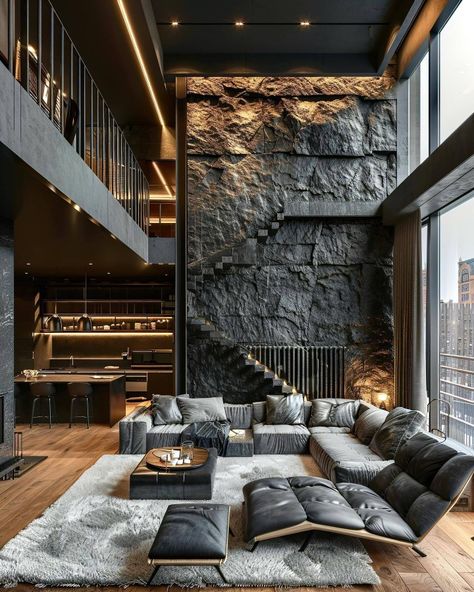 Rock Feature Wall, Penthouse Design Interiors, Penthouse Design, Industrial Chic Design, Contemporary Loft, Rustic Loft, Farm Plans, Famous Interior Designers, New York Loft