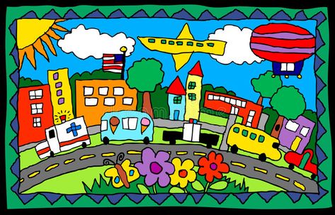 Child's drawing- busy town. Illustration of main street executed in childlike st , #Aff, #town, #Illustration, #busy, #Child, #drawing #ad Town Illustration, Drawing Street, Busy Town, Drawing Worksheets, Town Drawing, Child Drawing, Kid Drawing, Town Art, Deep Sea Diver