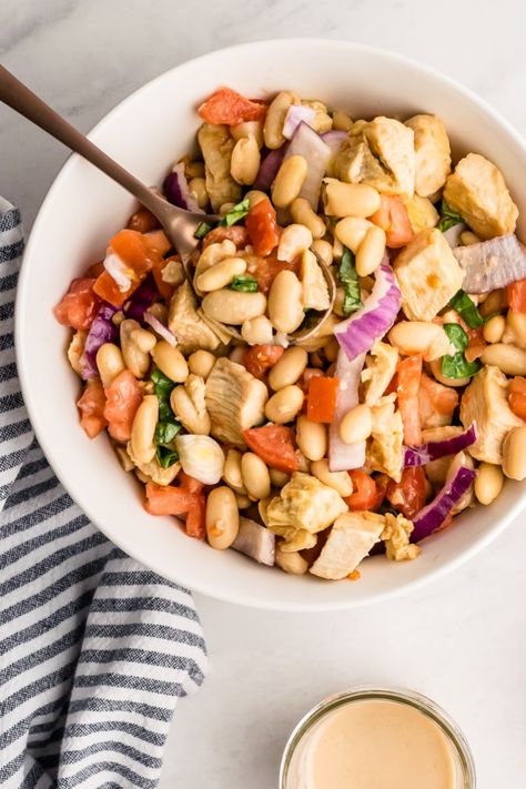 Chicken And White Beans Recipe, Roasted Chicken Salad Recipe, Low Calorie Chicken Salad, Chicken And Beans Recipe, Salad Recipes With Chicken, Beans Recipe Healthy, Bean Salad Healthy, Roasted Chicken Salad, Cannellini Bean Salad