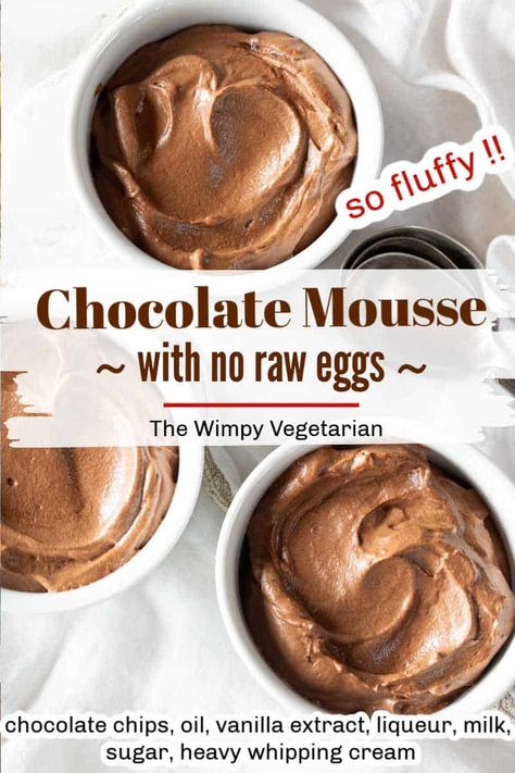 Three small bowls of chocolate mouse with text overlay. Eggless Mousse, Eggless Chocolate Mousse, Easy Chocolate Mousse Recipe, Brandy Recipe, Easy Chocolate Mousse, Citrus Cake, Raw Eggs, Chocolate Mousse Recipe, Mini Treats