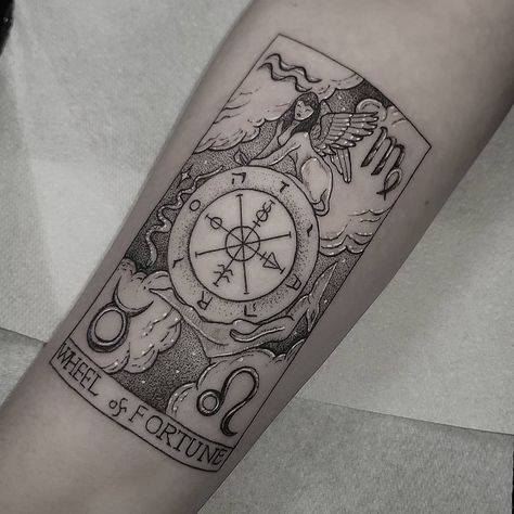 Mary Jane Tattoo Artist (Emma) on Instagram: “The awesome @annamcgonigle got this tarot card, we based on the Rider Waite Wheel of Fortune card, with some tweaks. Poor Anubis has a…” Tarot Tattoo Wheel Of Fortune, Wheel Of Fortune Tattoo Design, Judgement Tarot Card Tattoo, Tarot Wheel Of Fortune Tattoo, The Wheel Of Fortune Tarot Tattoo, Terra Cards Tattoos, Oracle Card Tattoo, Tarot Card Tattoo Wheel Of Fortune, The Chariot Tarot Tattoo