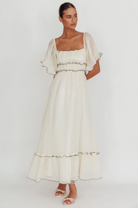 Kathlene Flutter Sleeves Maxi Dress Cream by Selfie Leslie Beige Bridesmaid Dress With Sleeves, Truly Scrumptious Dress, Long White Dresses Casual, Greek Roman Dress, Casual Long White Dress, Fancy Fall Dress, Winter Formal Dance Dresses, Unique Wedding Dresses Modest, Fall Dresses Church