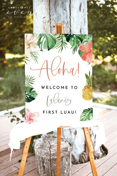 Tropical Baby Shower Theme, Hawaiian Baby Shower, First Birthday Welcome Sign, Aloha Birthday, Hawaiian Baby Showers, Shower 2023, Welcome Printable, Luau Baby Showers, Bebe Shower