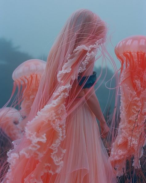 Jelly Fish Umbrellas, Bioluminescence Costume, Jellyfish Fashion Inspiration, Beta Fish Costume, Jelly Fish Inspired Garments, Jellyfish Couture, Sea Halloween Costume, Jellyfish Rave Outfit, Jellyfish Outfit Aesthetic