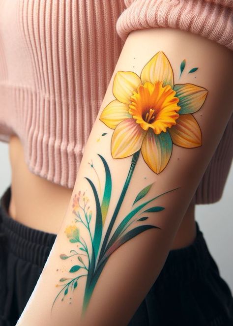 Single Daffodil, March Birth Flower Tattoo, Best Feminine Tattoos, Daisy Chain Tattoo, Sweet Pea Bouquet, Daffodil Color, March Birth Flower, Flowers Tattoos, Carnation Tattoo