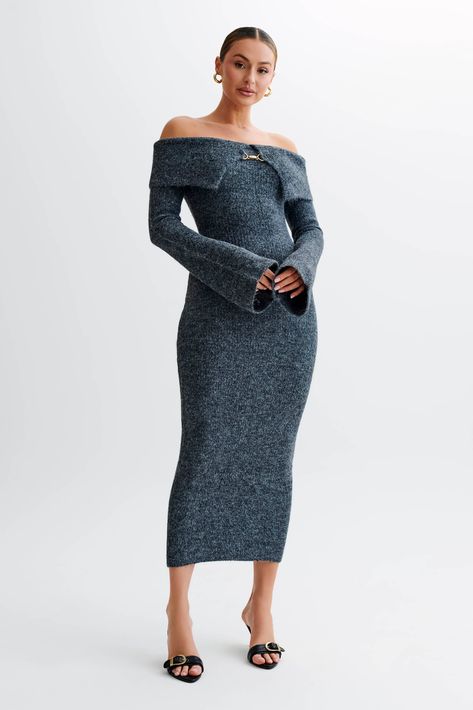 Baxter Off Shoulder Fluffy Knit Midi Dress - Charcoal Luxury Long Sleeve Dress For Fall Dinner, Winter Evening Dress Casual, Luxury Fall Dresses For Night Out, Winter Dresses Engagement, Dresses With Sweaters Over It Midi, Layering Dresses For Winter Midi, Midi Sweater Dress With Heels, Luxury Fall Midi Dress For Night Out, Winter Evening Dress Midi