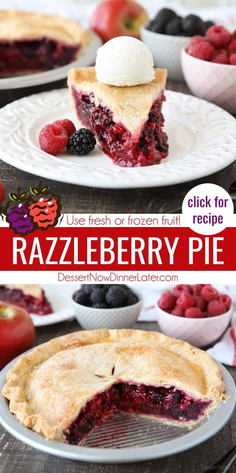 Homemade Razzleberry Pie tastes like Marie Callender's, but better! With raspberries and blackberries, plus apples, making this a true copycat recipe. Use fresh or frozen berries in this delicious fruit pie with a flaky pastry crust! Mixed Berry Pie With Frozen Berries, Berry Pie With Frozen Berries, Razzleberry Pie Recipe, Razzleberry Pie, Mixed Berry Pie Recipe, Fresh Berry Pie, Copycat Recipes Desserts, Raspberry Pie Recipe, Berry Pie Filling