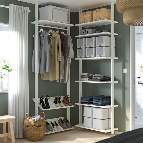 ELVARLI wardrobe combination, white, 36 1/8/36 1/8x87 1/4-137 3/4 ". Make your ELVARLI storage solution into a home for your books, clothes or a lovely display of decorative items. Shelves, clothes rails and height adjustable post will help you utilize your full space, from floor to ceiling. Aluminum. Storage Units Bedroom, Freestanding Closet Ideas, Small Bedroom Clothes Storage, No Closet Solutions Bedroom, Maximalist Closet, Elvarli Ikea, Ikea Elvarli, Leaning Shelf, Organizing Items