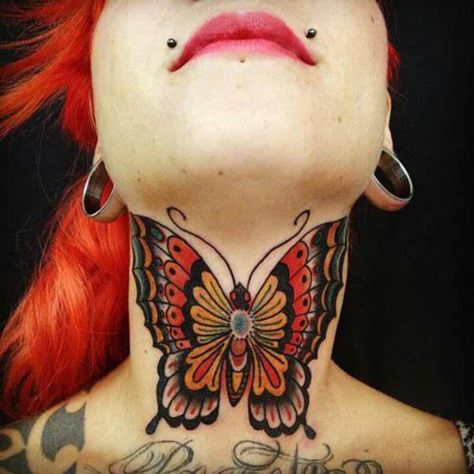 Love it and the colors. But not sure bout the placement. Neck Tattoo For Boys, Throat Tattoos, Tatuaje Trash Polka, Front Neck Tattoo, Butterfly Neck Tattoo, Tato Tradisional, Best Neck Tattoos, Butterfly Tattoo On Shoulder, Butterfly Beautiful