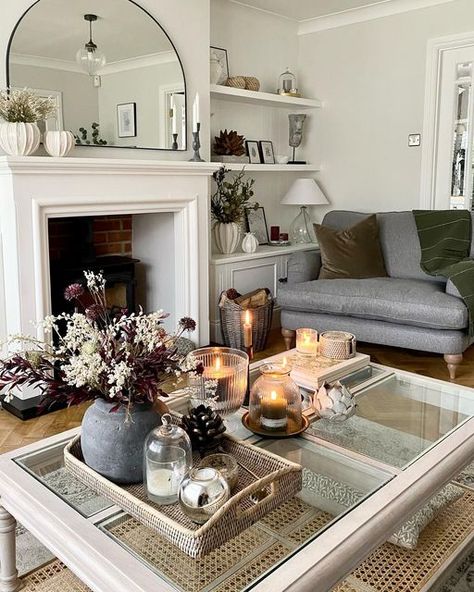 Dressing A Coffee Table, Glass Table Living Room, Alcove Ideas Living Room, Glass Table Decor, Front Room Decor, British Homes, Stone Planter, Lovely Sunday, Christmas Shoot