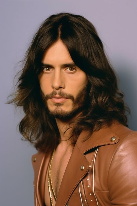 Step back in time with these iconic 70s hairstyles for men. From long, wavy locks to dark gold and light brown tresses, channel your inner rockstar in style. Get inspired by this celebrity-portrait inspired image of a man in a leather jacket, exuding vintage charm. 70s Hairstyles Men Long, 70s Male Hair, Mens 70s Hairstyles, Mens 70s Hair, 1980s Mens Hair, 60s Hairstyles Men, 70s Men Hairstyles, 70s Mens Hair, 70s Hair Men