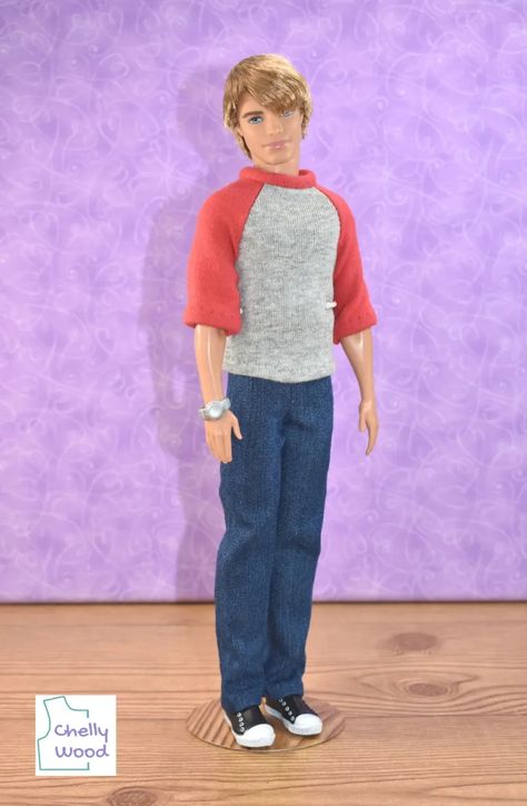 Let’s sew a T-shirt and jeans for Ken dolls with free patterns @ ChellyWood.com #dollClothesPatterns #SewingFun – Free Doll Clothes Patterns Ken Doll Shirt Patterns Free Printable, Ken Shirt Pattern, Pattern For Ken Doll Clothes, Clothes For Ken Doll, Ken Doll Patterns, Ken Clothes Patterns Free, Sewing Barbie Clothes Easy, Ken Doll Clothes Patterns Free, Ken Doll Outfits