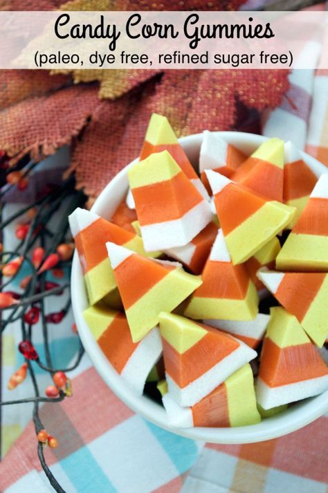 These fun and festive Paleo Candy Corn Gummies make for a tasty and healthy treat perfect for Halloween! Aip Candy, Paleo Halloween, Paleo Candy, Healthy Halloween Snacks, Paleo Sweets, Paleo Recipes Easy, Healthy Halloween, Paleo Treats, Paleo Snacks