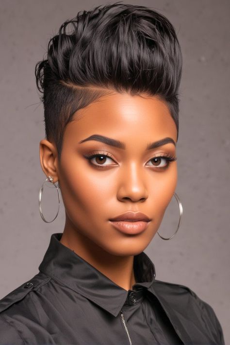 Pixie Black Women Hairstyles, Alicia Keys Style Outfits, Short Pixie Mohawk Black Women, Colored Mohawk Woman, Pixie Hair Cuts Black Women, Undercut Hairstyles For Black Women, Black Women Mullet Hairstyles, Natural Makeup Looks For Black Women, Relaxed Short Hairstyles For Black Women