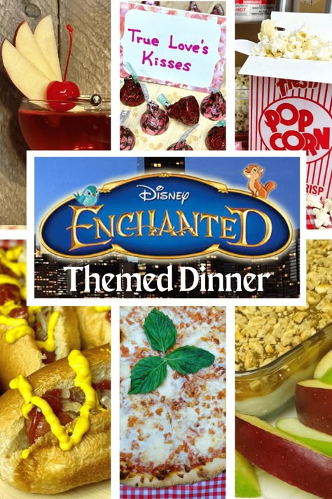 Enchanted Themed Dinner and Movie Night Disney Enchanted Themed Party, Princess Diaries Dinner And Movie, Themed Movie Dinner, Encanto Movie Night Food, Disney Movie Inspired Food, Enchanted Movie Night, Disney Themed Food Ideas Movie Nights, Disney Themed Meals, Disney Movie Menu Ideas