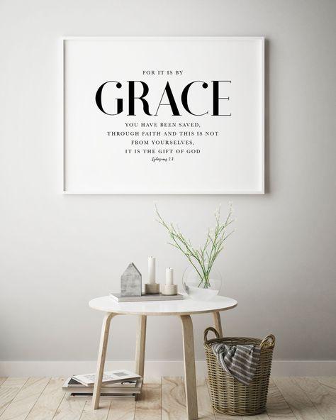 Bible Verse Wall Art of Ephesians 2:8, Horizontal Faith Quote For Your Christian Home Decor, Printable Grace Poster Scripture Wall Art. SIZES IN INCHES: 5x7, 8x10, 11x14, 12x16, 16x20, 18x24, 24x36 ☞ After purchasing this artwork you will immediately receive your DOWNLOAD links on your invoice and via your confirmation email from Etsy. For more information about how to download your files, please visit: https://www.etsy.com/help/article/3949 After downloading them you can then print them using y Pastor Office, Ephesians 2 8, Scripture Wall Decor, Faith Quote, Empty Frame, Bible Verse Wall Decor, Apartment Vibes, Ephesians 2, Christian Home Decor