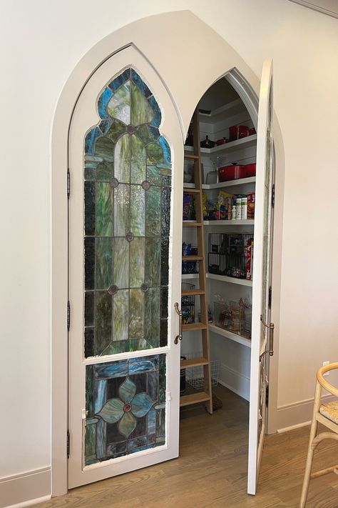 One-Note to One-of-a-Kind — Zoe Feldman Design Stained Glass Kitchen Cabinet Doors, Stained Glass Cabinets Kitchen, Cool Doors Interior, Stained Glass Pantry Door, Stained Glass French Doors Interior, Stained Glass French Doors, Stained Glass Kitchen Cabinets, Witch House Ideas, Stained Glass Doors Interior