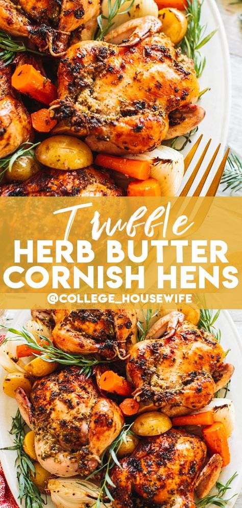 Cornish Game Hen Recipes For Thanksgiving, Cornish Hens Baked, Cornish Hen Recipes Oven, Bake Cornish Hen Recipe, Baked Cornish Hens, Cooking Cornish Hens, Baked Potato Dinner, Game Hen Recipes, Cornish Game Hen Recipes