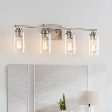 Ebern Designs Mayleah 4 - Light Dimmable Vanity Light & Reviews | Wayfair Vanity Lighting Over Mirror, Brushed Nickel Bathroom Lighting, Modern Vanity Lighting, Brushed Nickel Bathroom, Contemporary Vanity, Vanity Light Fixtures, Light Vanity, Modern Vanity, Bathroom Light Fixtures