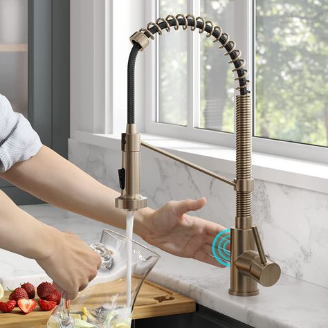 Touchless Kitchen Faucet Gold Commercial Kitchen Faucet, Touchless Kitchen Faucet, Touchless Faucet, Kitchen Faucets Pull Down, Kitchen Faucet With Sprayer, Black Kitchen Faucets, Faucet Design, Single Handle Kitchen Faucet, Champagne Bronze