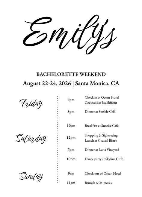 An easy-to-edit itinerary template for Google Docs. Free Spreadsheets, White Bachelorette, Bachelorette Itinerary, Docs Templates, Itinerary Template, Planning And Organizing, Bachelorette Weekend, Simple White, Google Docs