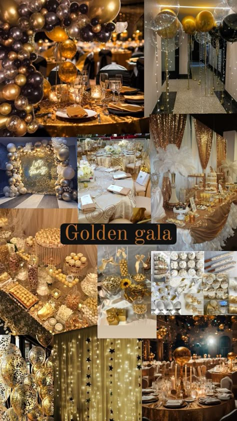 Prom Theme Golden Gala, Met Gala Graduation Theme, Gold Rush Prom Theme, Met Gala Theme Wedding, Prom Venue Aesthetic, Met Gala Formal Theme, Golden Globes Theme Party, Elegant Banquet Ideas, Formal Themes Sorority Ideas