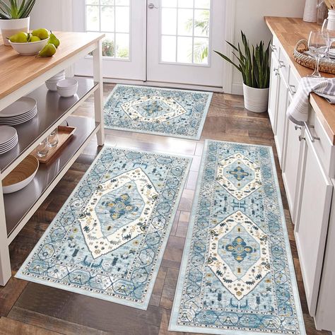 PRICES MAY VARY. Farmhouse Kitchen Rugs Sets of 3: Package includes boho kitchen rugs and mats 3 piece with runner set, Size: 20"x59"+20"x32"+32"x47". Wider and larger size than other kitchen rug set, great for kitchen floor and laundry room decor, also perfect to use as indoor door mat entrance rug, laundry room rug runner, bathroom mat. This vintage kitchen rug set looks very good, adds an elegant touch and a nice pop of color to your home! Durable Stain Resistant Kitchen Mats for Floor: This Rubber Kitchen Mats, Kitchen Runner Rugs, Farmhouse Kitchen Rugs, Laundry Room Rug, Kitchen Rugs Washable, Farmhouse Area Rugs, Hallway Flooring, Hallway Carpet Runners, Kitchen Rugs And Mats