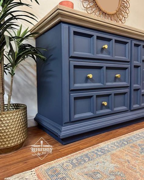 Navy Blue Bedroom Furniture, Drawers Upcycle, Cream Dresser, Blue Apartment, Brass Bedroom, Navy Blue Dresser, Navy Blue Furniture, Refurbished Dresser, Blue Bedroom Furniture